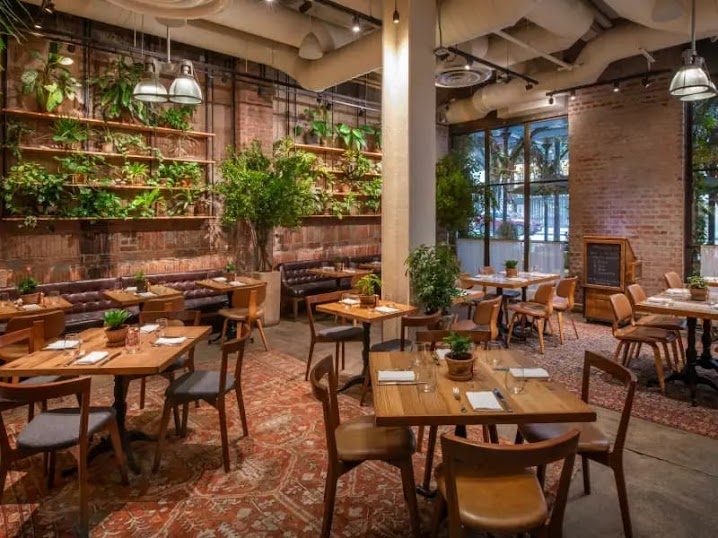Jams, the hotel's restaurant, with its living plant wall and reclaimed-brick warmth