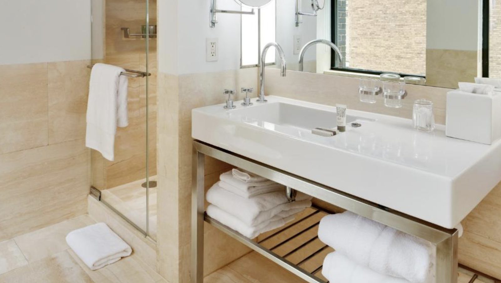 A travertine-lined bathroom
