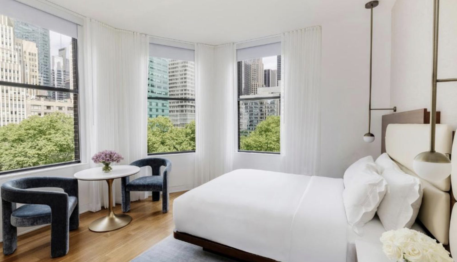 A bay-windowed room overlooking the treetops
