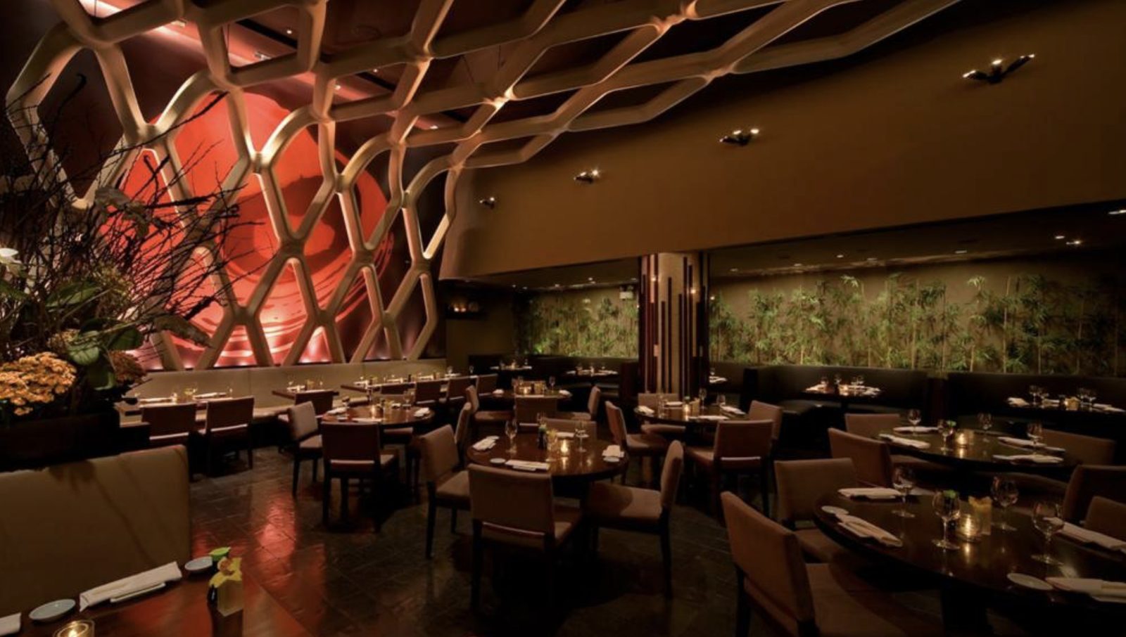 Koi, the hotel's restaurant, beneath its sculptural lattice ceiling