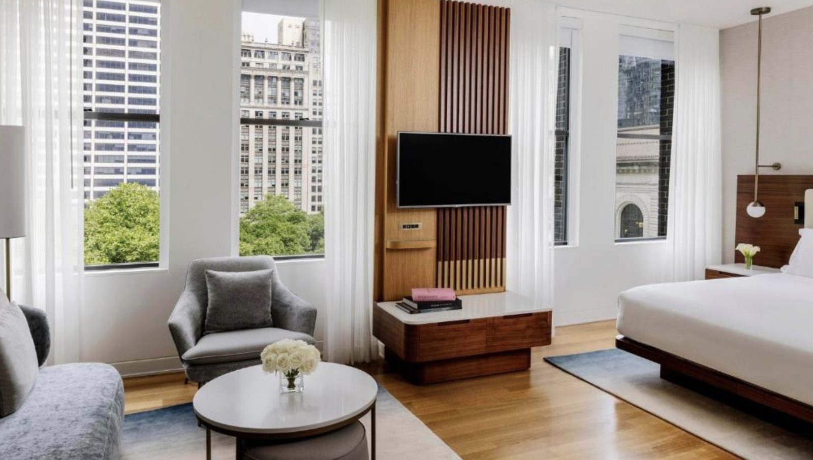 A bedroom framing the Midtown skyline