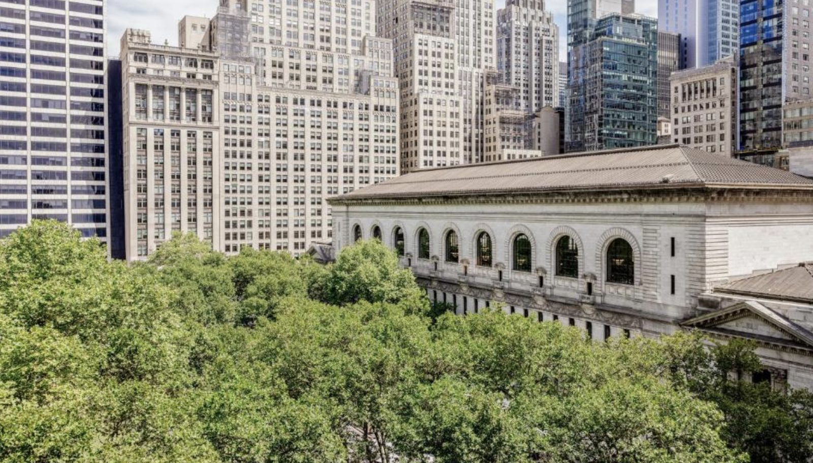 The view from the hotel across the treetops to the New York Public Library