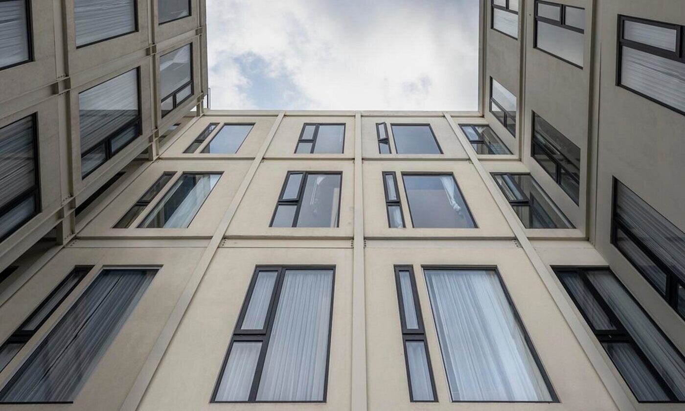 Looking up through the hotel's internal courtyard