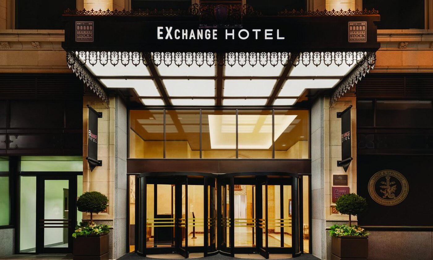 The Exchange Hotel's entrance canopy, beneath the old Stock Exchange signage