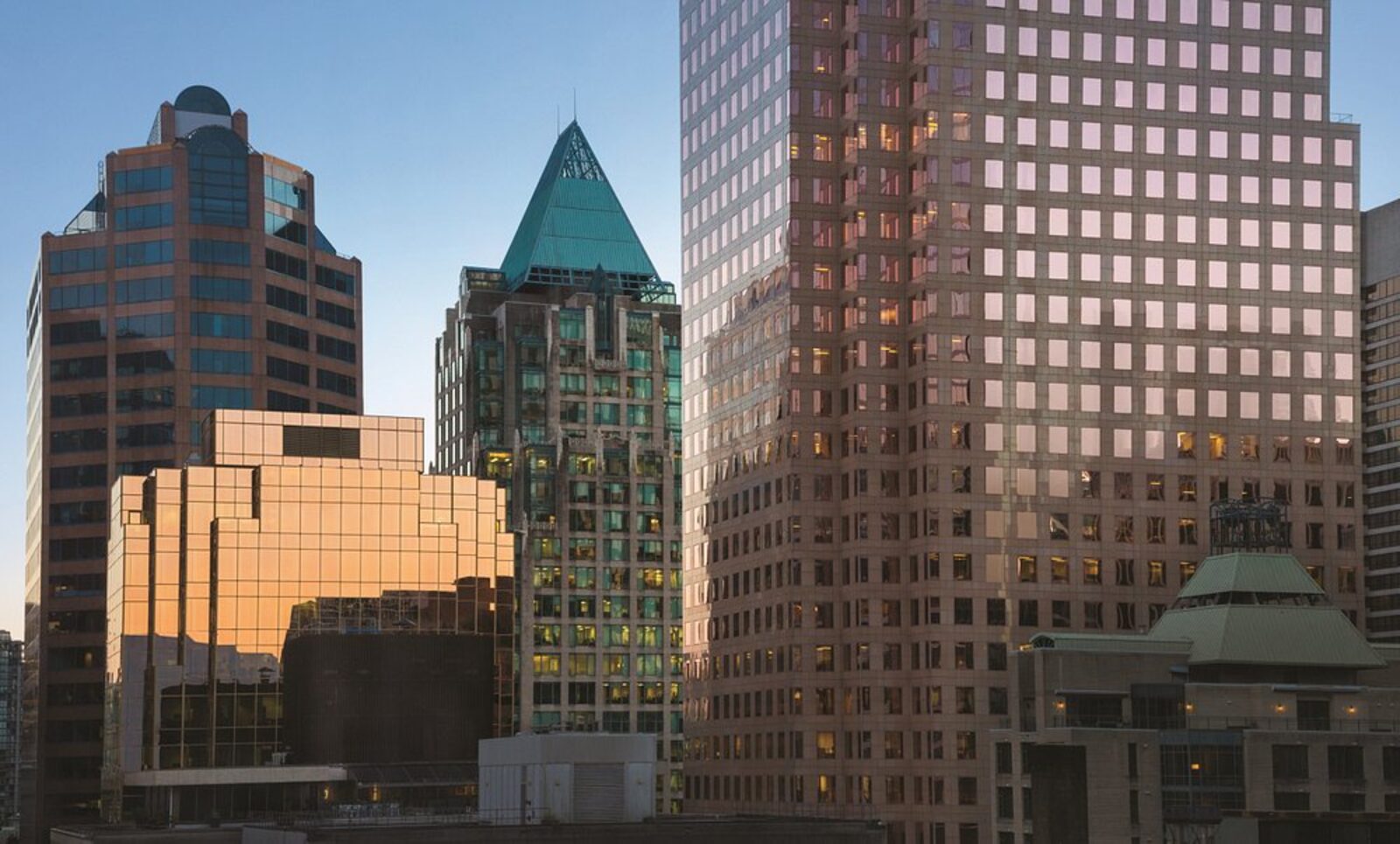 Downtown Vancouver's financial district towers at dusk