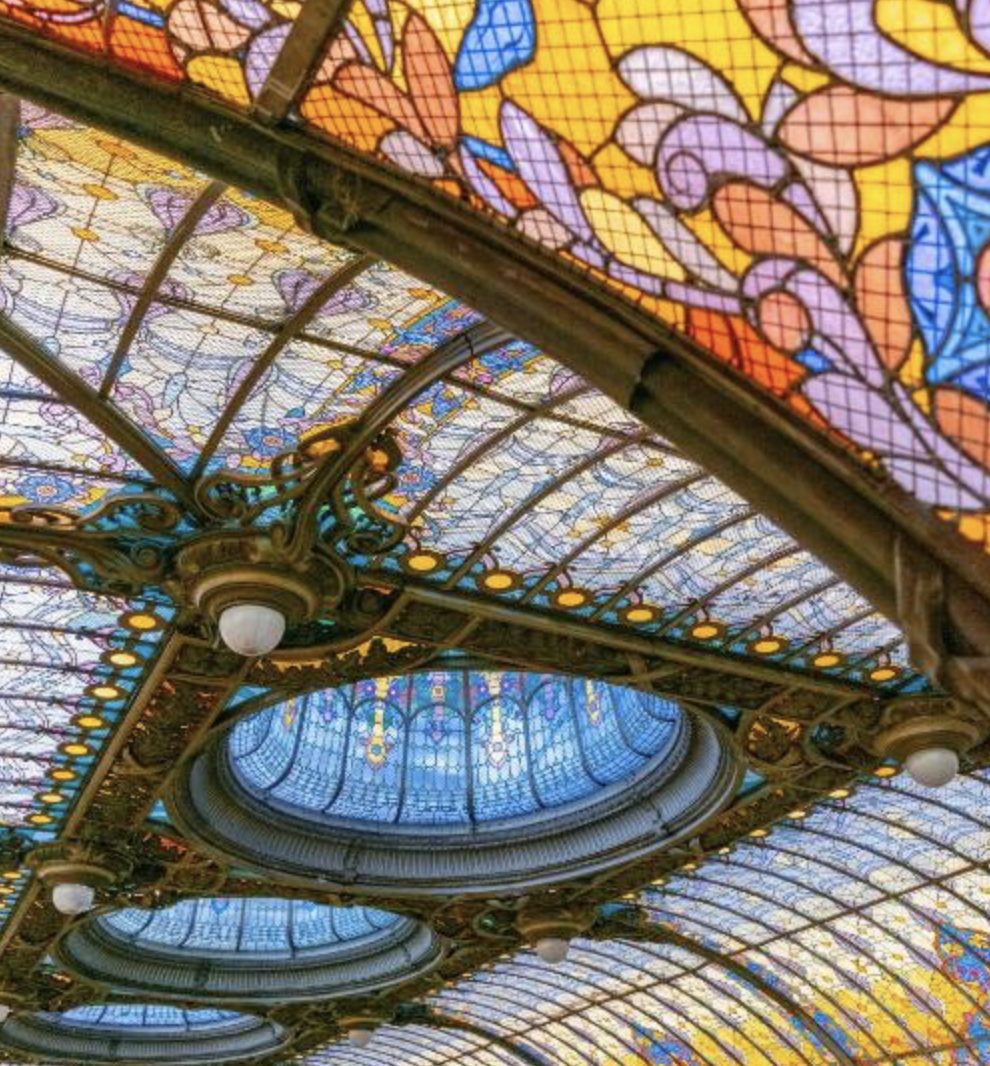 A detail of the Tiffany-style stained-glass canopy