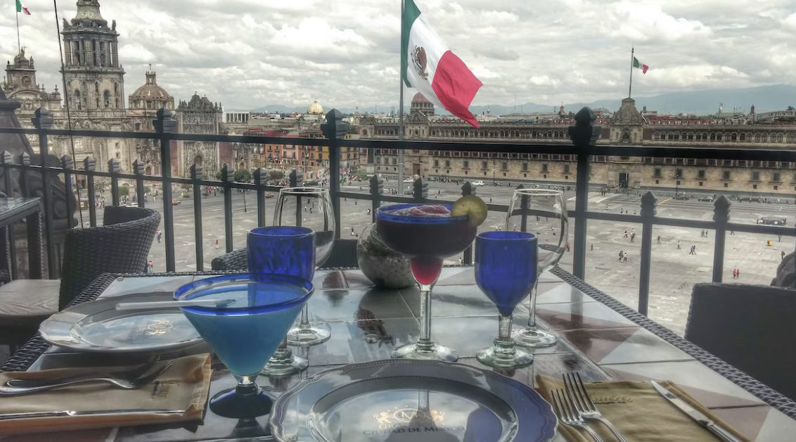 La Terraza, the rooftop restaurant, set for lunch above the Zócalo and the National Palace
