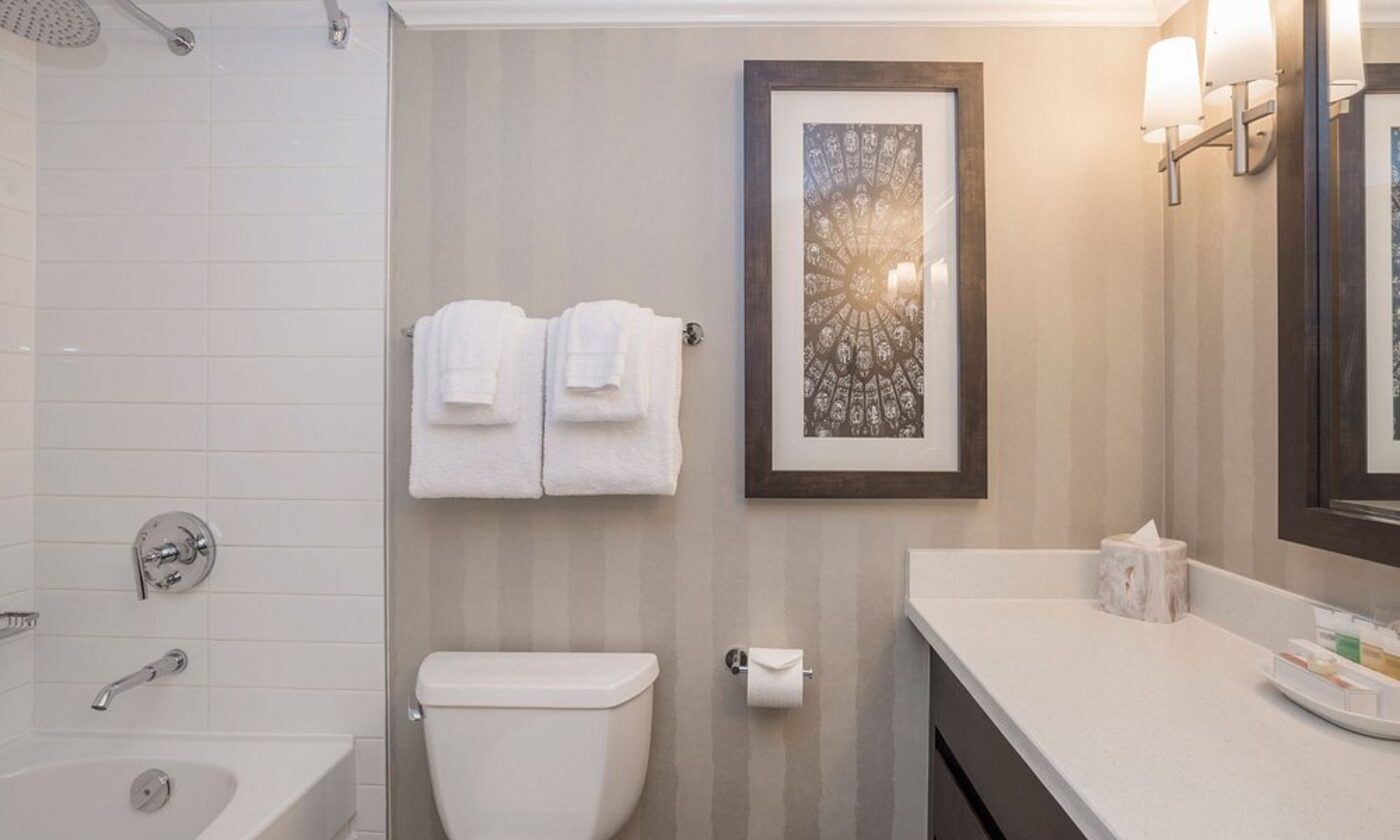 A bathroom with a soaking tub