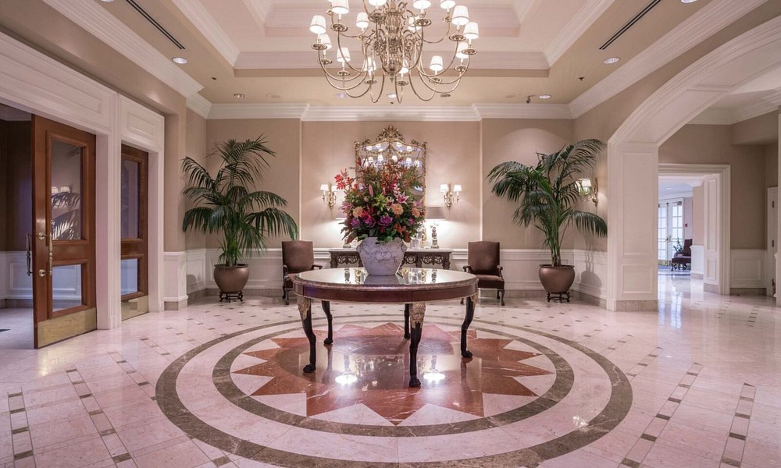 The hotel's marble foyer, with doors leading out to Burrard Street