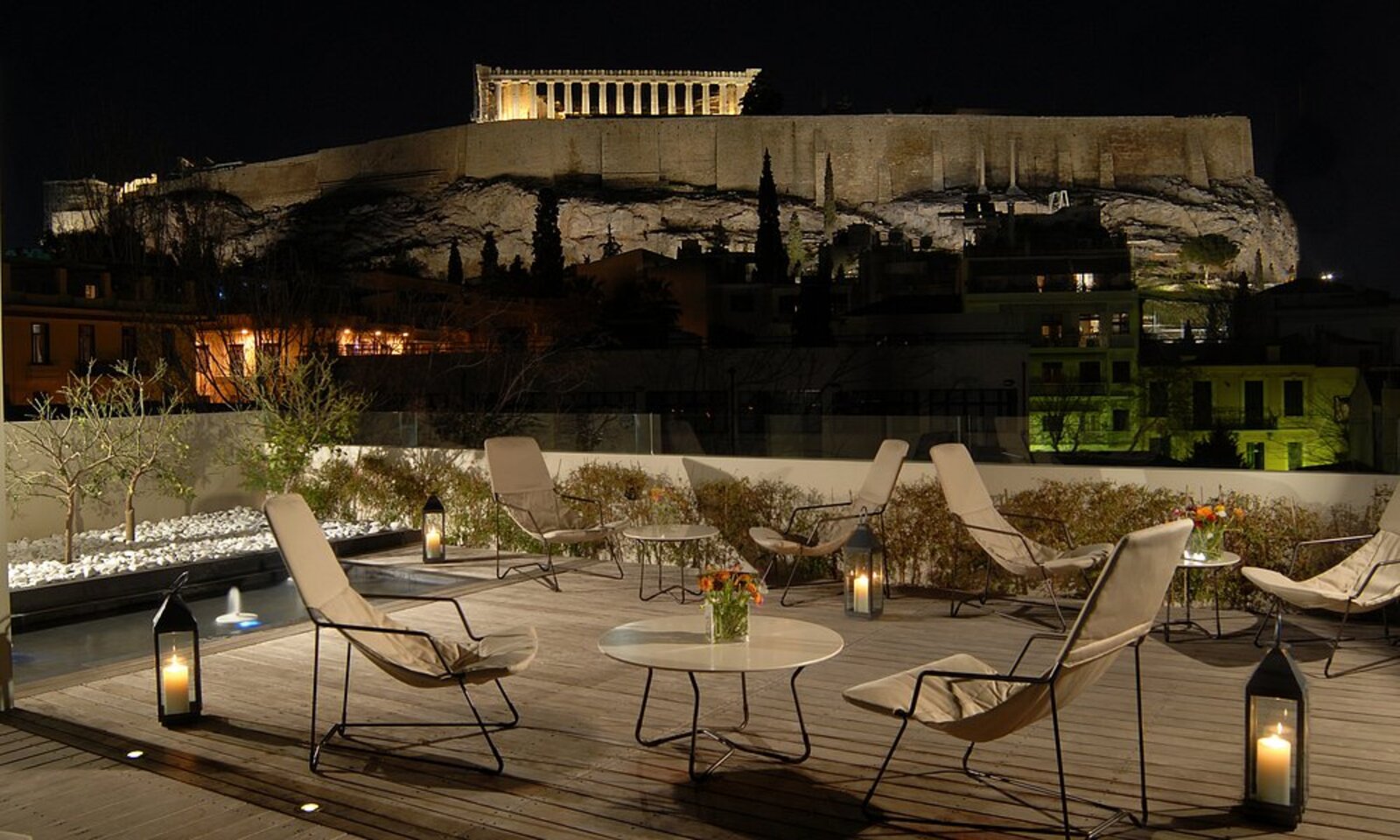 Herodion Hotel rooftop terrace at night
