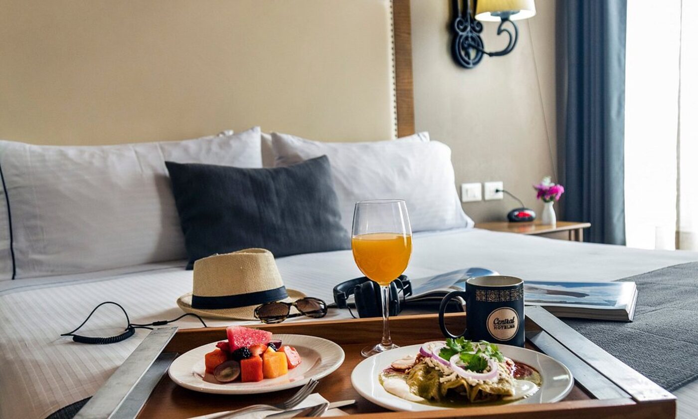 Breakfast tray with fruit and Mexican dishes