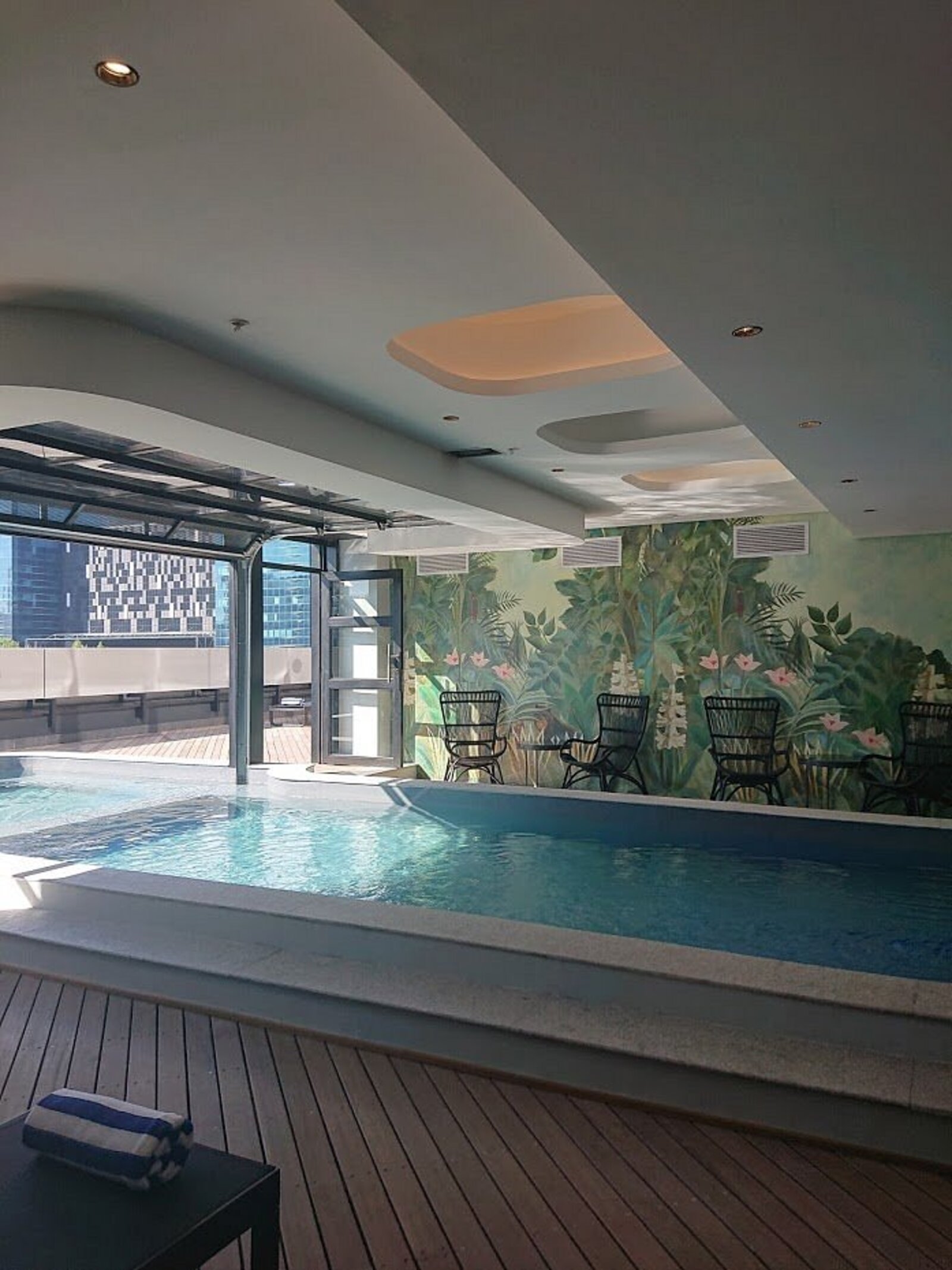 The Onyx Hotel's indoor pool with a botanical mural and city views