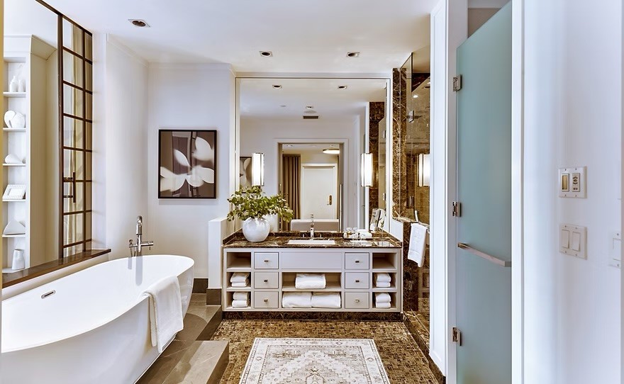 A deep soaking bath in a guest bathroom at the Loden Hotel