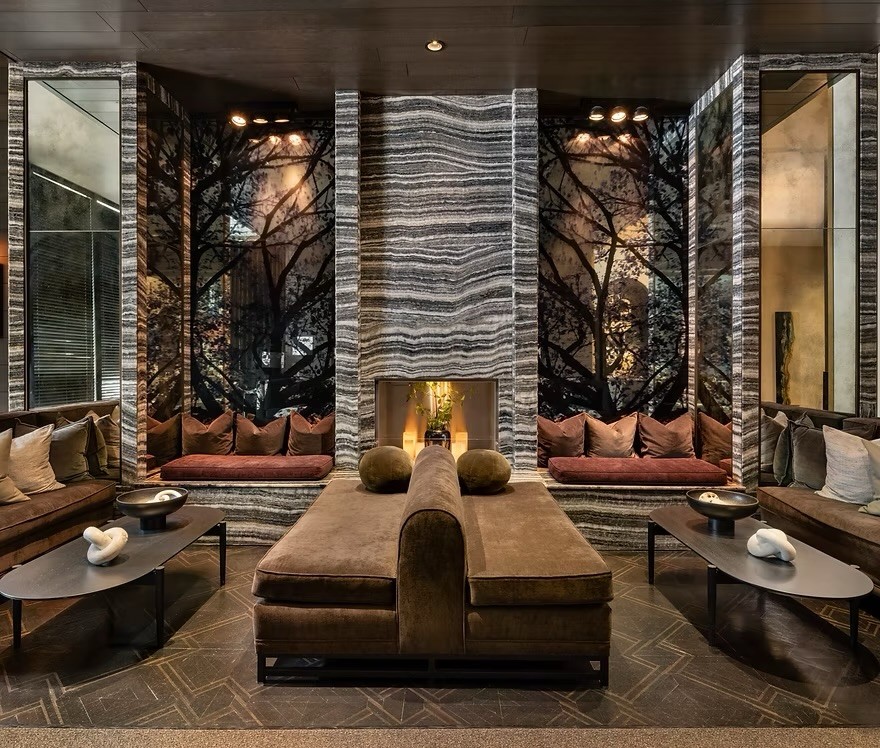 A fireplace lounge in the Loden Hotel's lobby