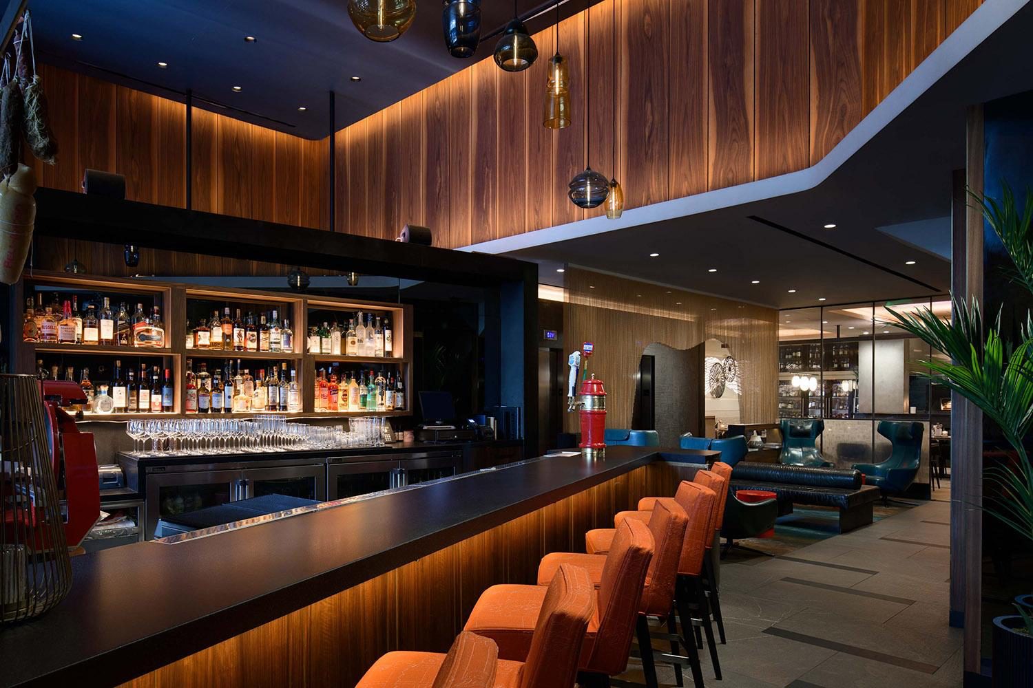 The walnut-lined bar
