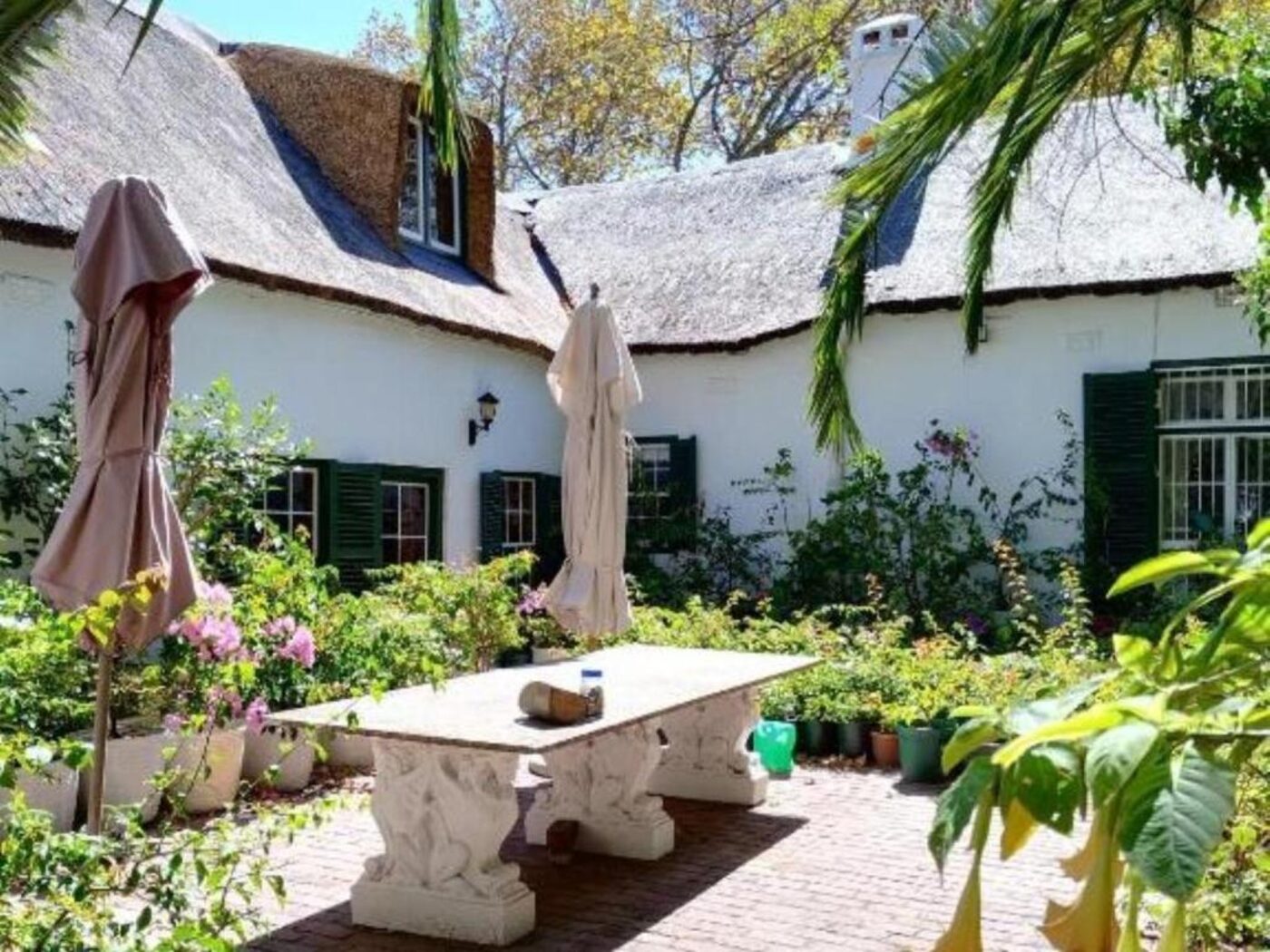 Pool with thatched cottages beyond