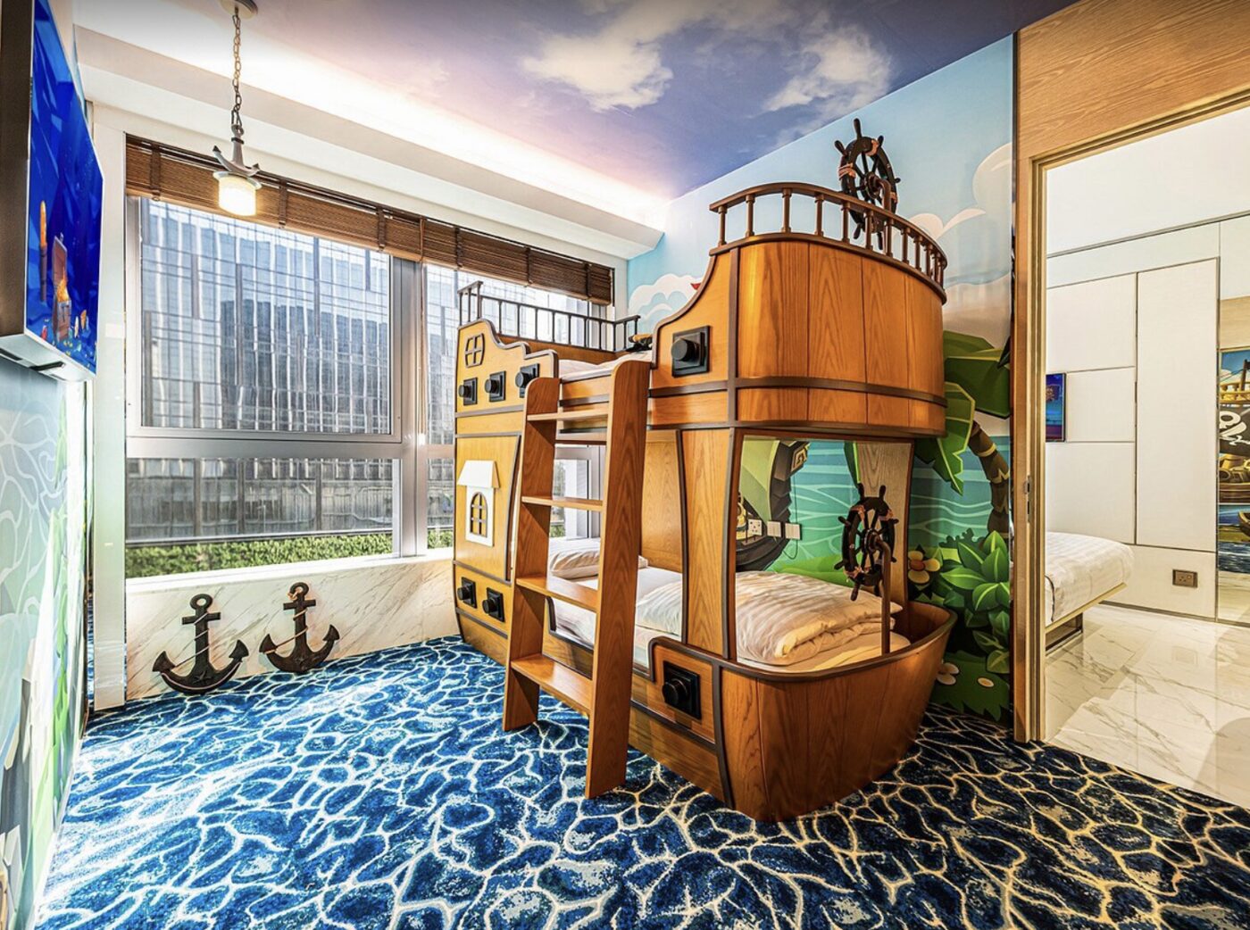 A pirate-ship themed bunk room for children at Regala Skycity Hotel